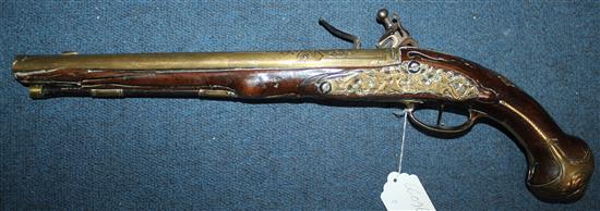 A late 17th century Dutch flintlock holster pistol, overall 19.75in.